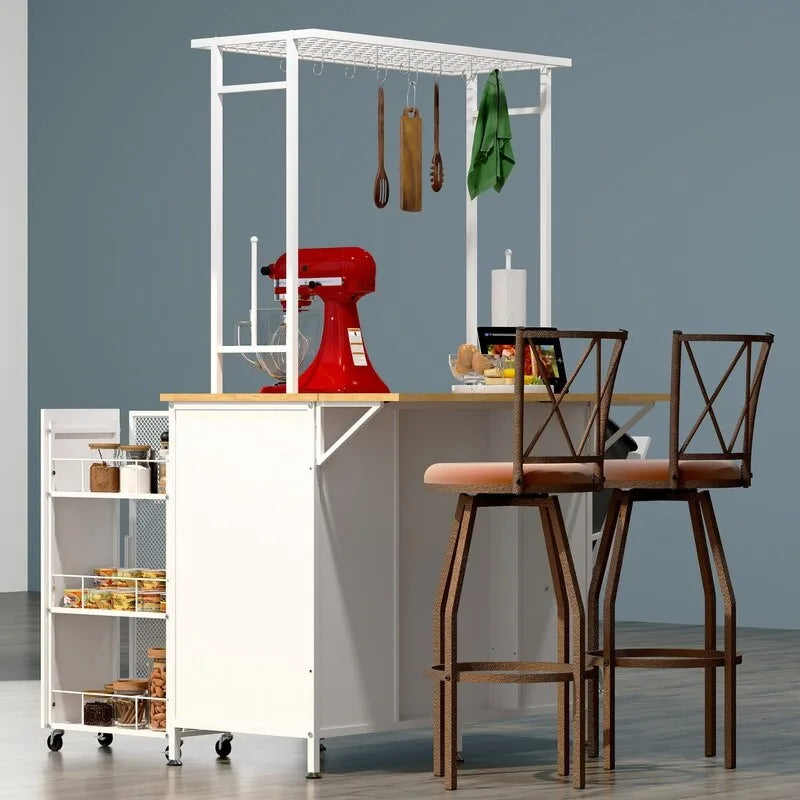 Portable Rolling Kitchen Island Cart with Folding Top Storage Cabinet Hooks White