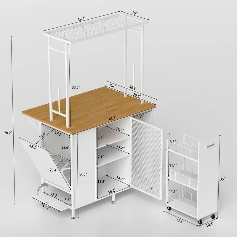 Portable Rolling Kitchen Island Cart with Folding Top Storage Cabinet Hooks White