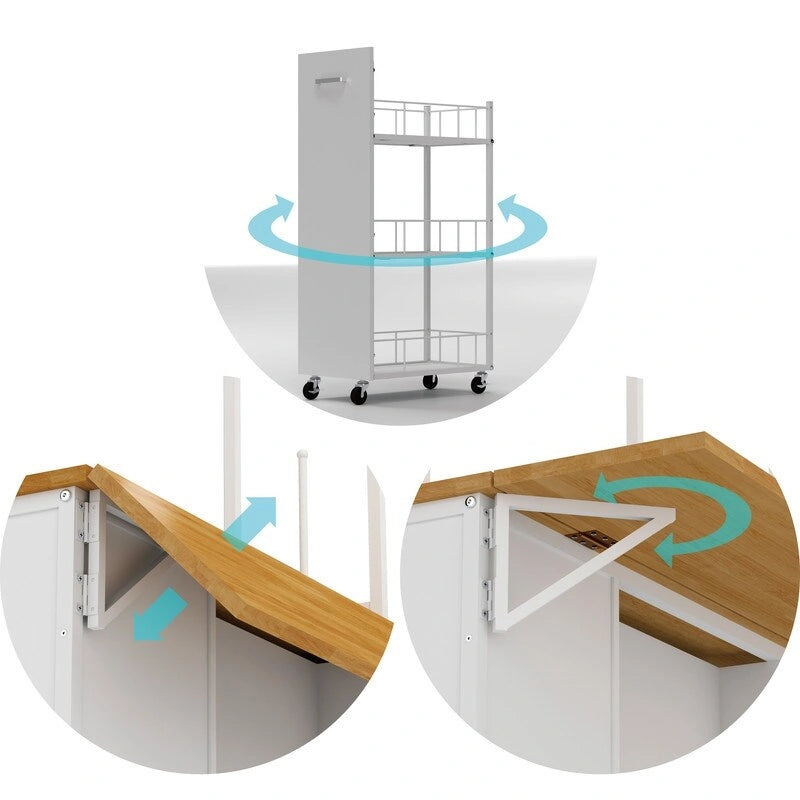 Portable Rolling Kitchen Island Cart with Folding Top Storage Cabinet Hooks White