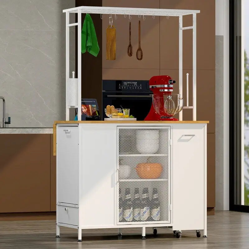 Portable Rolling Kitchen Island Cart with Folding Top Storage Cabinet Hooks White