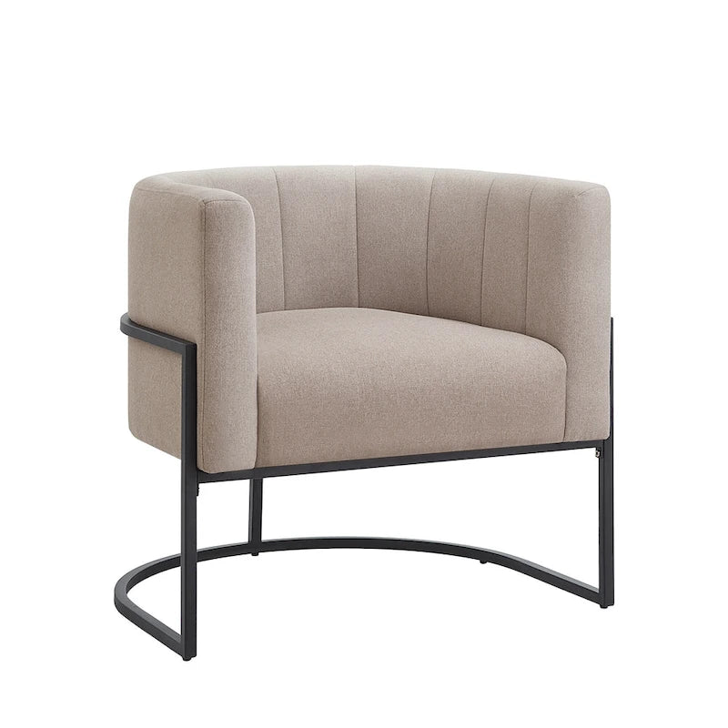 Mid-Century Velvet Barrel Accent Chair Channel Tufted Black Metal Base Cream