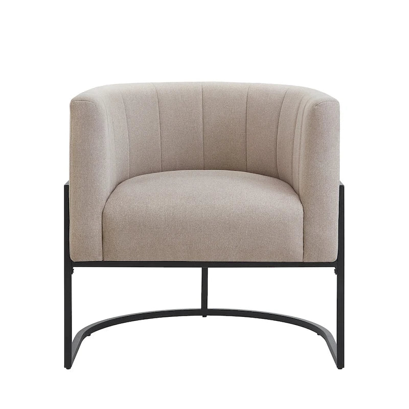 Mid-Century Velvet Barrel Accent Chair Channel Tufted Black Metal Base Cream