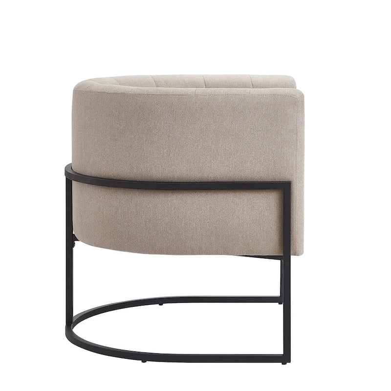 Mid-Century Velvet Barrel Accent Chair Channel Tufted Black Metal Base Cream
