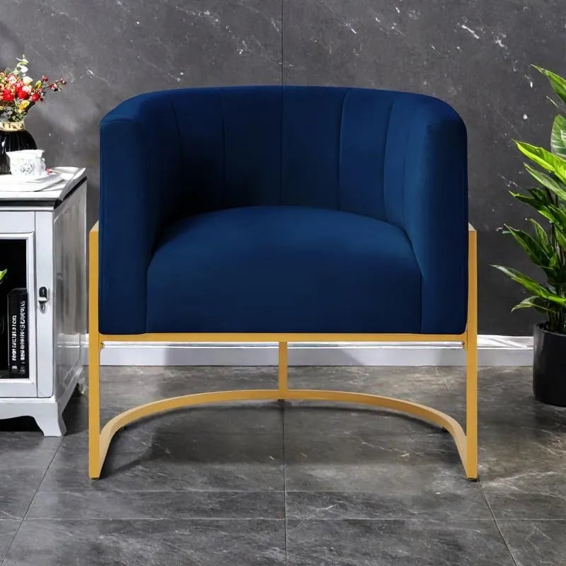 Mid-Century Velvet Barrel Accent Chair Channel Tufted Black Metal Base Cream
