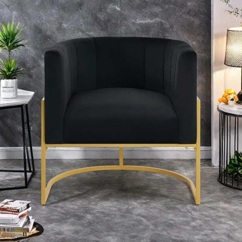 Mid-Century Velvet Barrel Accent Chair Channel Tufted Black Metal Base Cream