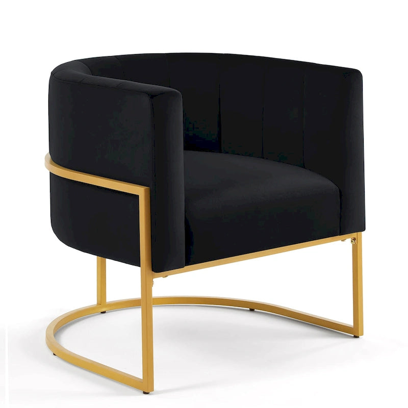Mid-Century Velvet Barrel Accent Chair Channel Tufted Black Metal Base Cream