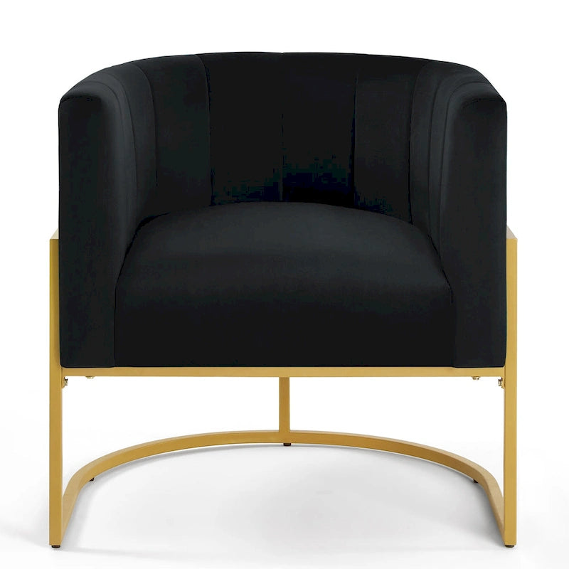 Mid-Century Velvet Barrel Accent Chair Channel Tufted Black Metal Base Cream