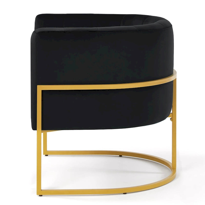 Mid-Century Velvet Barrel Accent Chair Channel Tufted Black Metal Base Cream
