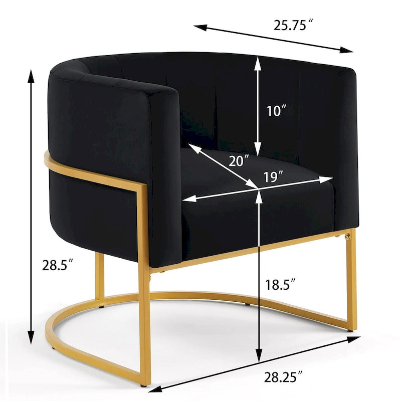 Mid-Century Velvet Barrel Accent Chair Channel Tufted Black Metal Base Cream