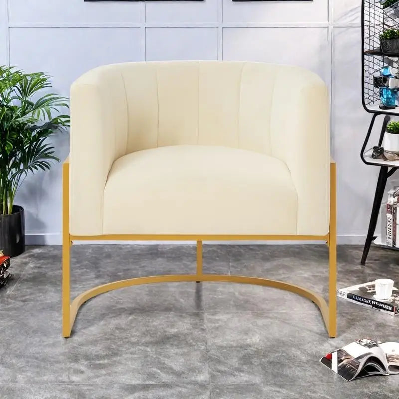 Mid-Century Velvet Barrel Accent Chair Channel Tufted Black Metal Base Cream