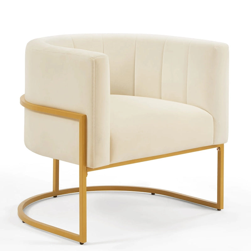 Mid-Century Velvet Barrel Accent Chair Channel Tufted Black Metal Base Cream
