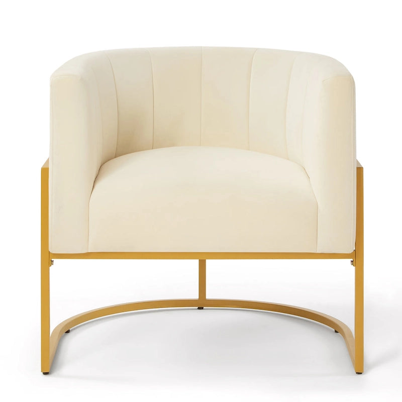 Mid-Century Velvet Barrel Accent Chair Channel Tufted Black Metal Base Cream