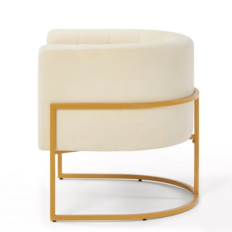 Mid-Century Velvet Barrel Accent Chair Channel Tufted Black Metal Base Cream