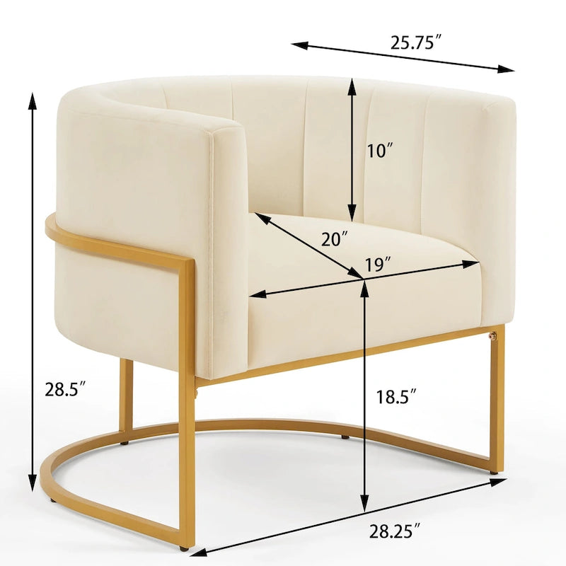Mid-Century Velvet Barrel Accent Chair Channel Tufted Black Metal Base Cream
