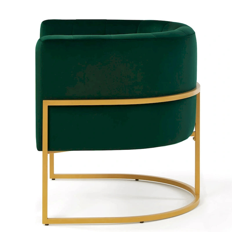 Mid-Century Velvet Barrel Accent Chair Channel Tufted Black Metal Base Cream