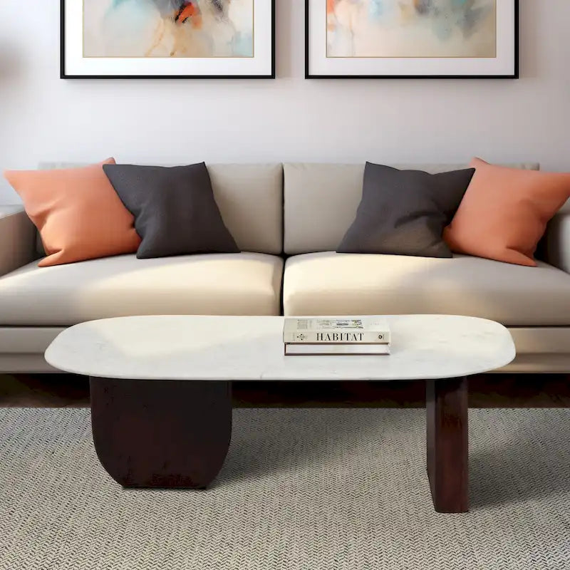 Oval Marble Top Coffee Table Abstract Wood Legs 48x24x16 White Brown