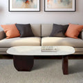 Oval Marble Top Coffee Table Abstract Wood Legs 48x24x16 White Brown