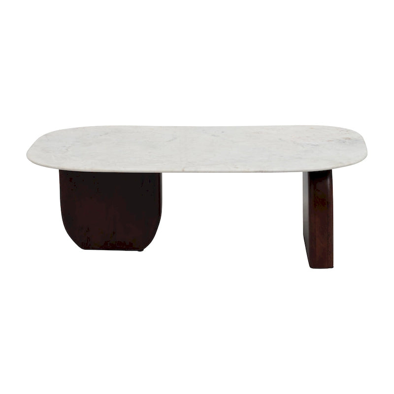 Oval Marble Top Coffee Table Abstract Wood Legs 48x24x16 White Brown