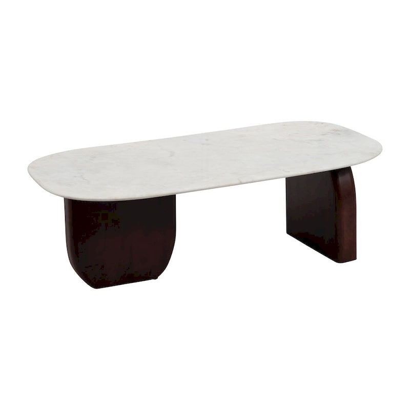 Oval Marble Top Coffee Table Abstract Wood Legs 48x24x16 White Brown