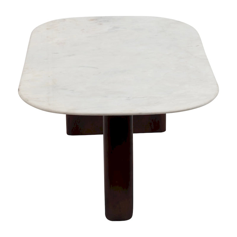 Oval Marble Top Coffee Table Abstract Wood Legs 48x24x16 White Brown