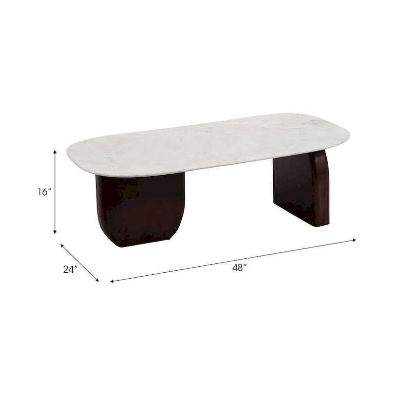 Oval Marble Top Coffee Table Abstract Wood Legs 48x24x16 White Brown