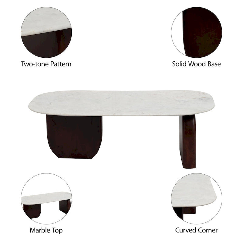 Oval Marble Top Coffee Table Abstract Wood Legs 48x24x16 White Brown