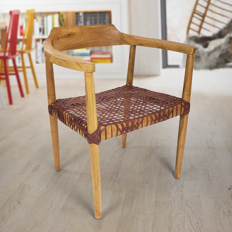 Teak Wood Woven Leather Seat Accent Armchair Black Burgundy