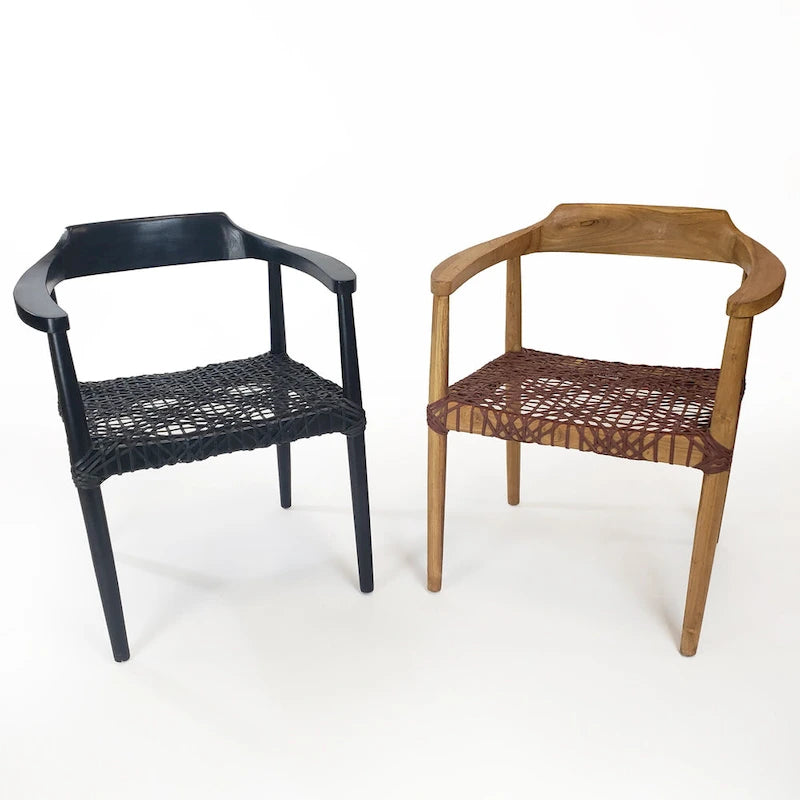 Teak Wood Woven Leather Seat Accent Armchair Black Burgundy
