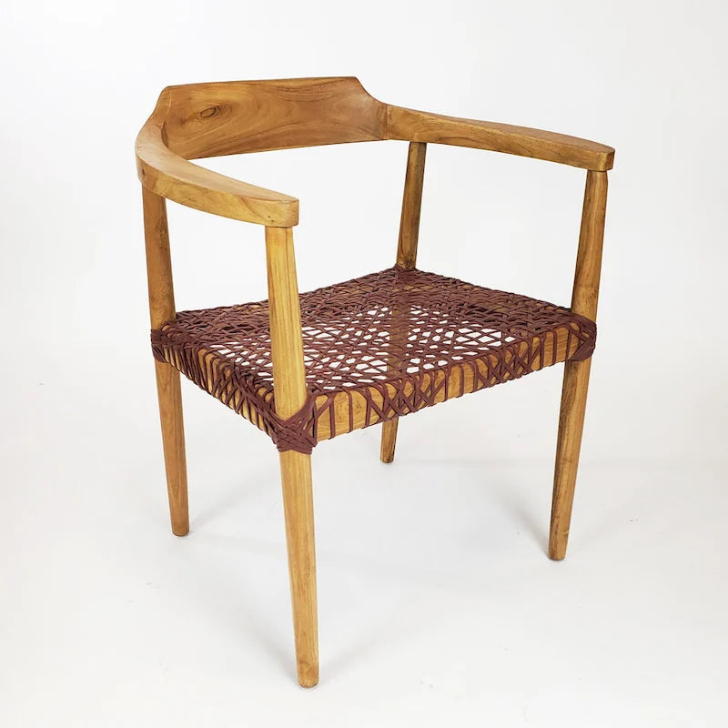 Teak Wood Woven Leather Seat Accent Armchair Black Burgundy