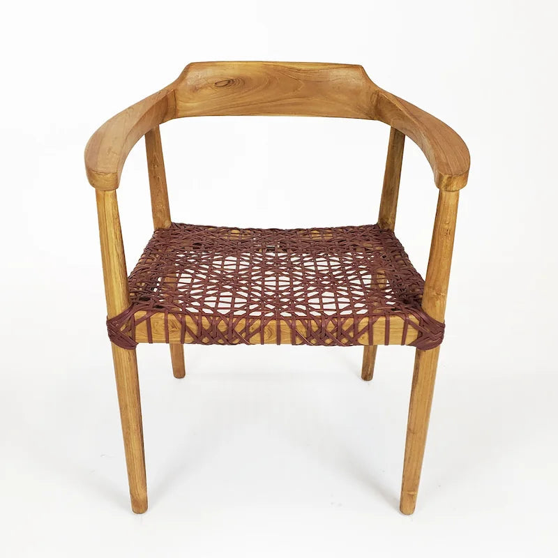 Teak Wood Woven Leather Seat Accent Armchair Black Burgundy