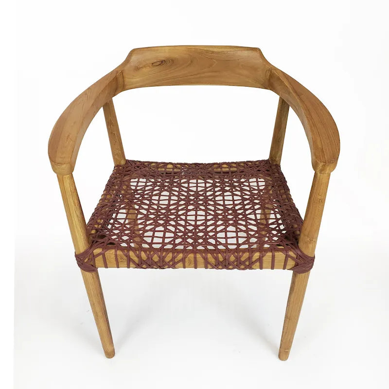 Teak Wood Woven Leather Seat Accent Armchair Black Burgundy