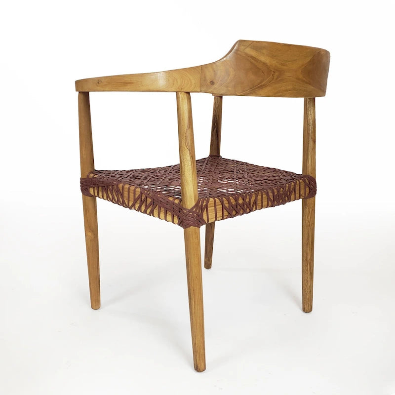 Teak Wood Woven Leather Seat Accent Armchair Black Burgundy