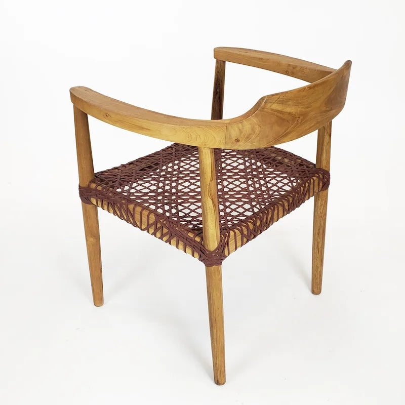 Teak Wood Woven Leather Seat Accent Armchair Black Burgundy