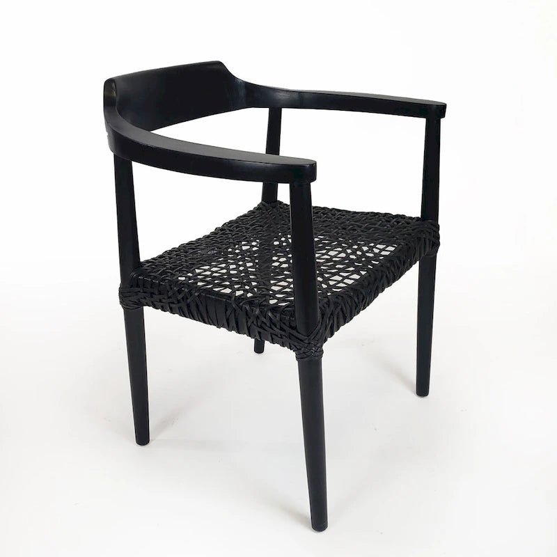 Teak Wood Woven Leather Seat Accent Armchair Black Burgundy