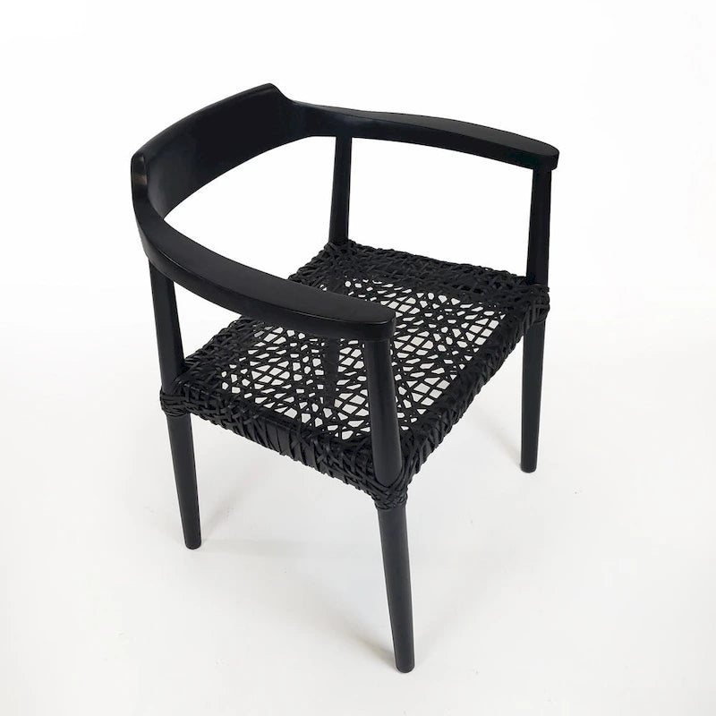Teak Wood Woven Leather Seat Accent Armchair Black Burgundy