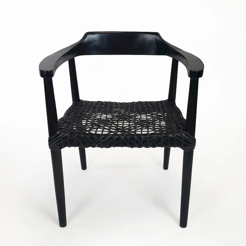 Teak Wood Woven Leather Seat Accent Armchair Black Burgundy