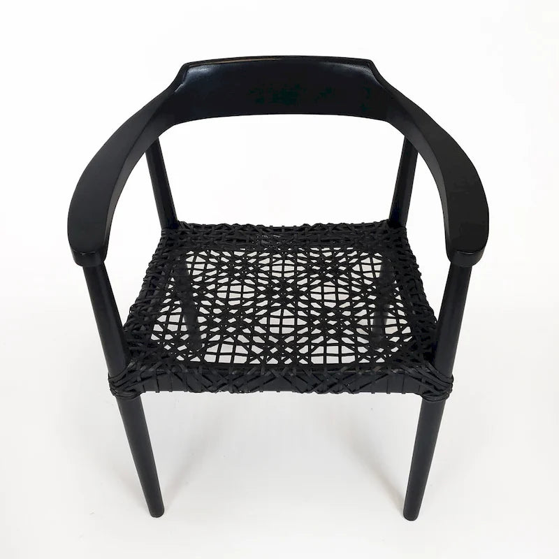 Teak Wood Woven Leather Seat Accent Armchair Black Burgundy