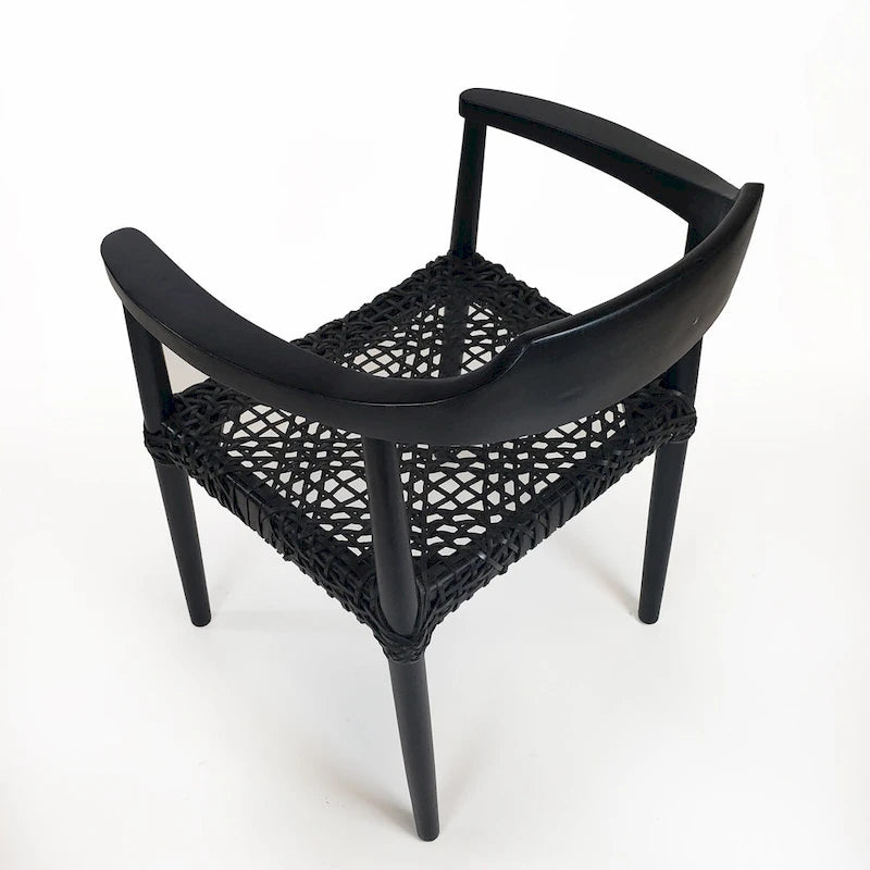 Teak Wood Woven Leather Seat Accent Armchair Black Burgundy