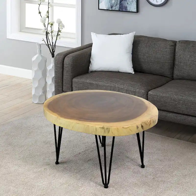 Natural Live Edge Round Wood Slab End Table Hairpin Legs