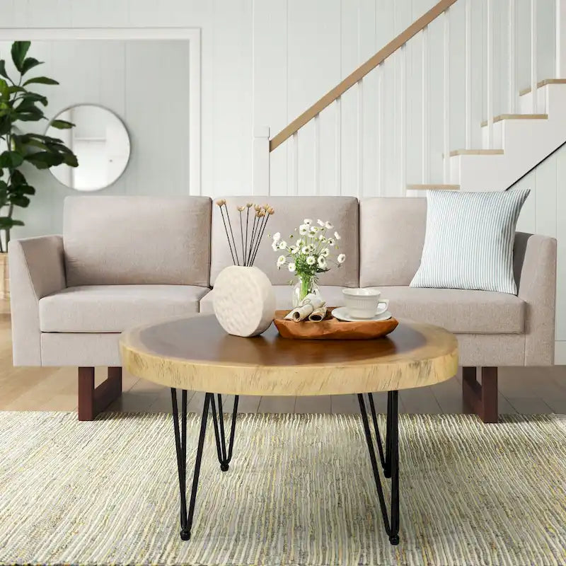 Natural Live Edge Round Wood Slab End Table Hairpin Legs