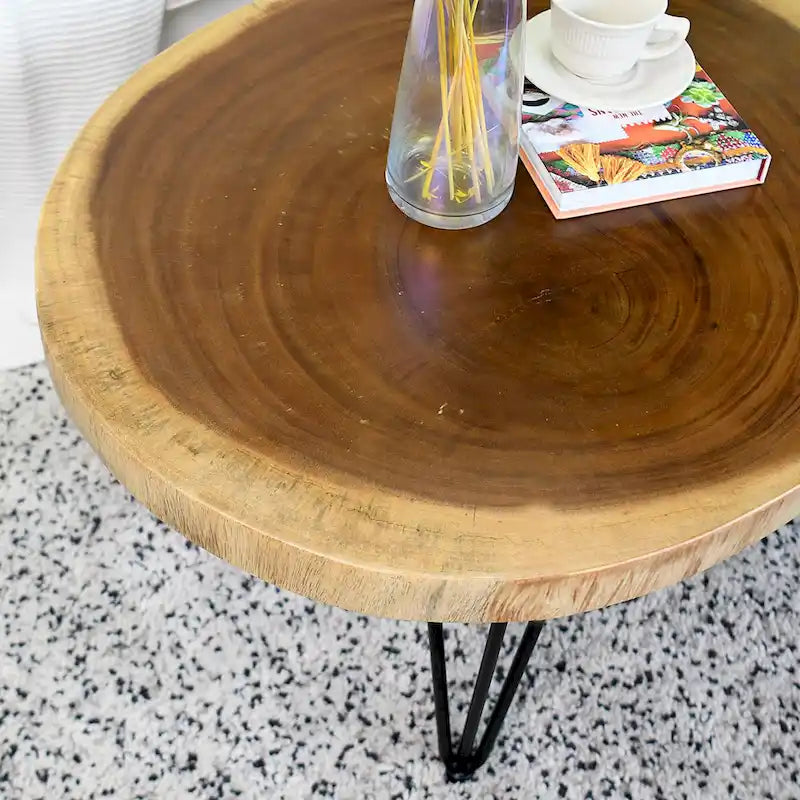 Natural Live Edge Round Wood Slab End Table Hairpin Legs