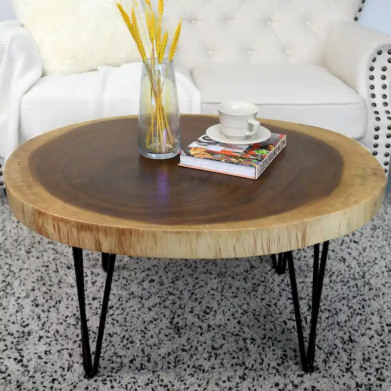 Natural Live Edge Round Wood Slab End Table Hairpin Legs