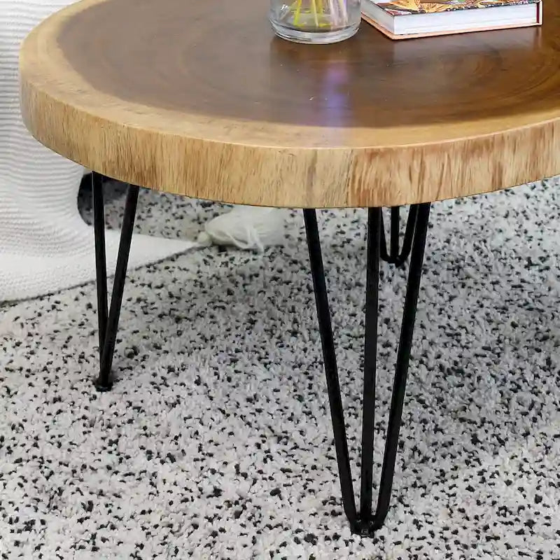 Natural Live Edge Round Wood Slab End Table Hairpin Legs