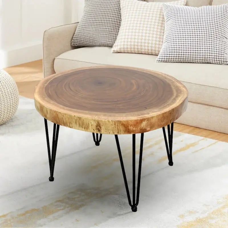 Natural Live Edge Round Wood Slab End Table Hairpin Legs