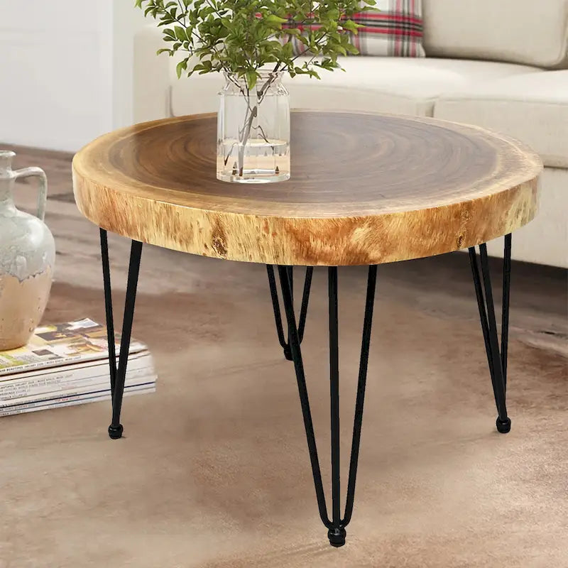 Natural Live Edge Round Wood Slab End Table Hairpin Legs
