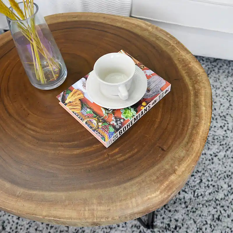 Natural Live Edge Round Wood Slab End Table Hairpin Legs