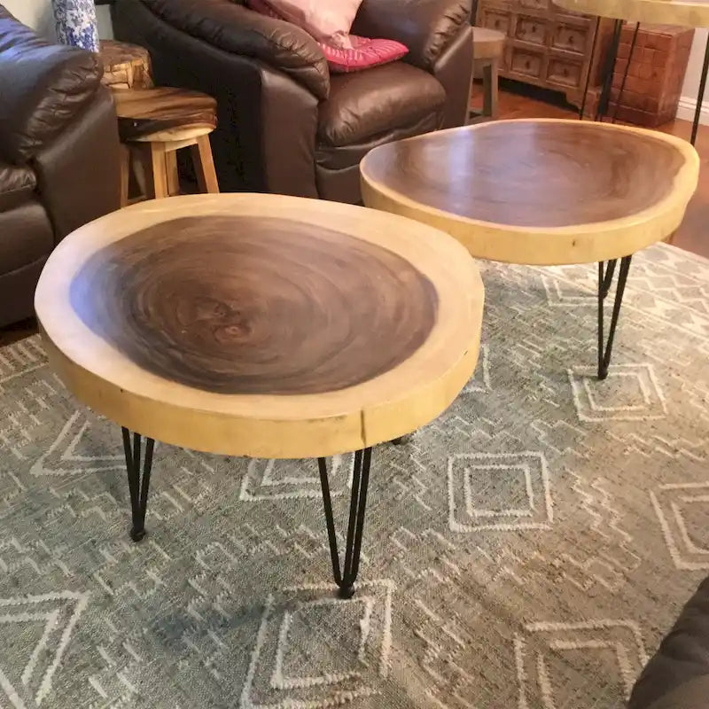 Natural Live Edge Round Wood Slab End Table Hairpin Legs
