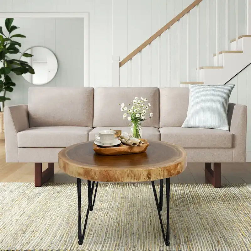 Natural Live Edge Round Wood Slab End Table Hairpin Legs
