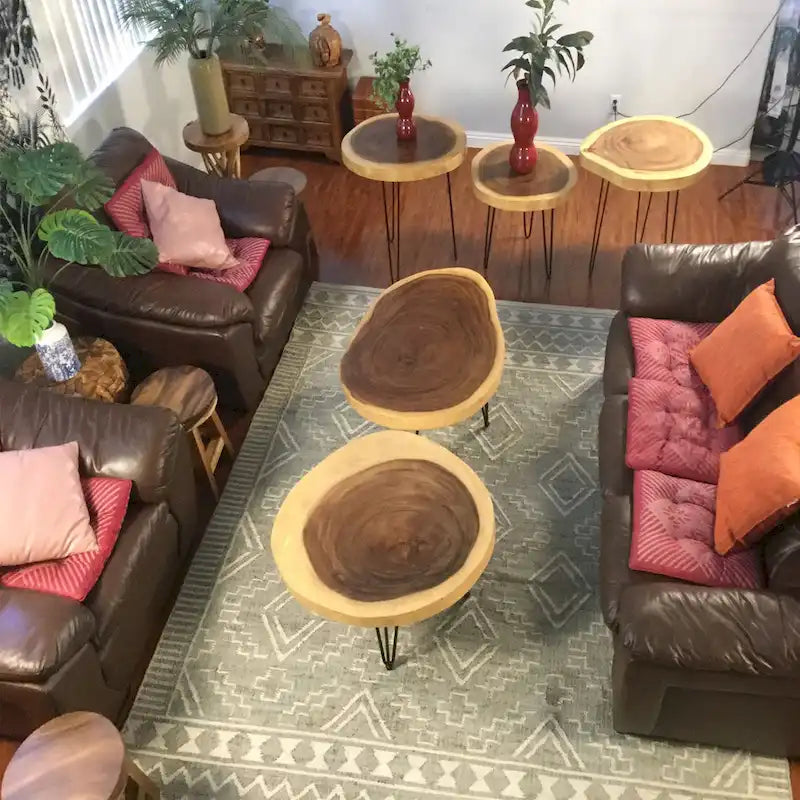 Natural Live Edge Round Wood Slab End Table Hairpin Legs