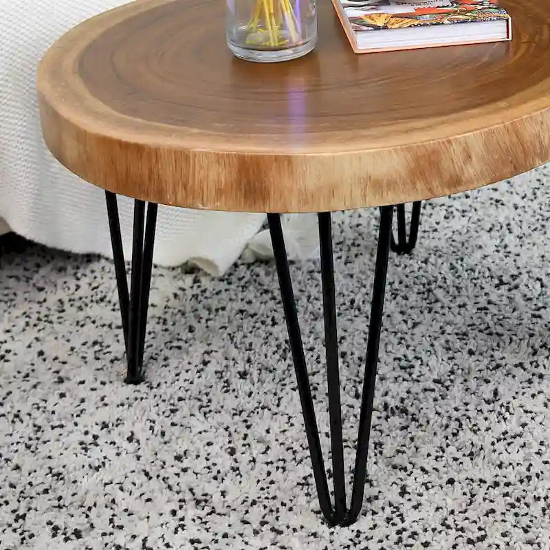 Natural Live Edge Round Wood Slab End Table Hairpin Legs